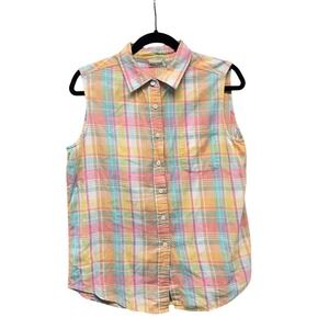 Prides Landing Womens Large Pastel Plaid Sleeveless Button Up Cotton Shirt Top